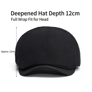 Men's quick-dry black flat cap with 12cm deep crown for full head coverage