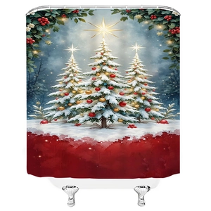 Weihnachtsduschvorhang mit 3D-Schneebäumen und rotem Aquarell-Spritzmuster