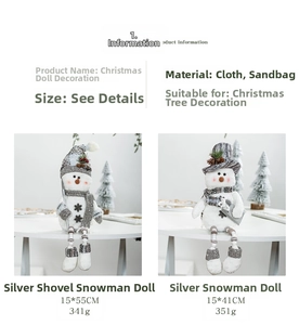 Detail of Nordic snowman figurines with knitted textures and silver shovels for Christmas decor