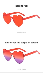 Close-up of heart-shaped rimless sunglasses in solid red and red-purple gradient lenses