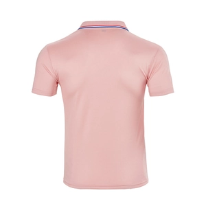 Detailed back view of a pink short-sleeved polo shirt with red white blue striped collar