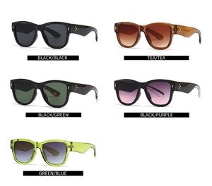 Cat eye sunglasses detail showing wide temples with iconic triple metal dot rivets in 5 colors