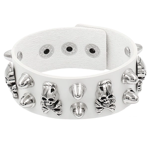 Detail view of white PU leather bracelet with silver skull charms and metal rivets