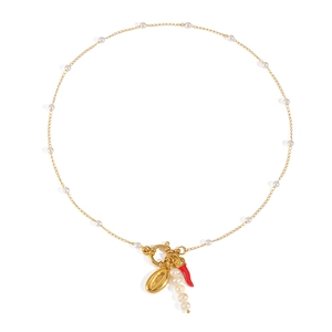 Gold pearl necklace featuring red chili and golden shell pendants on a white background