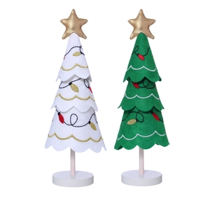 Mini fabric Christmas tree desk ornaments with felt embroidery and wooden stand base