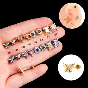 Piercing Cartilage Boucles Oreilles Acier Inoxydable Zircon Coloré Opale Papillon Fleur Étoile Bijoux Femme
