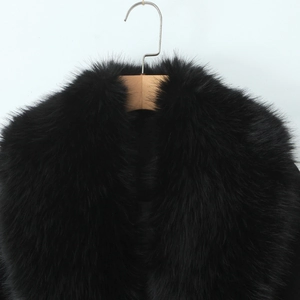 Detailed close-up of the fluffy black faux fur collar on a long wool coat with soft texture