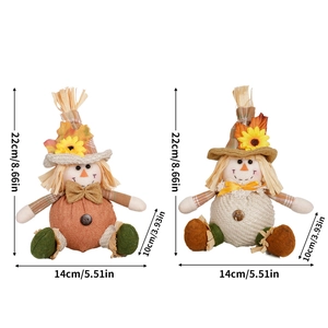 Fall harvest scarecrow dolls with sunflower decor and detailed product dimensions