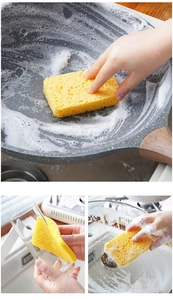 Action shots of yellow cellulose sponge cleaning a pot, cup, and sink with rich foam