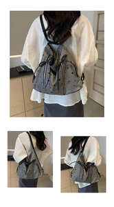 Detailed views of grey canvas backpack featuring black star prints and leather drawstrings