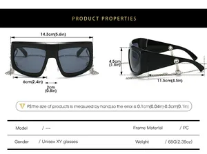 Detailed dimension chart for Y2K oversized sunglasses showing frame and lens measurements