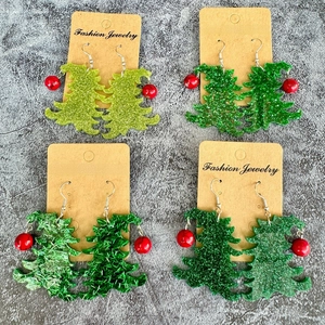Christmas Tree Drop Earrings Green Glitter Acrylic Stone Festive Holiday Jewelry For Women