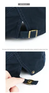 Detail of navy blue cotton beret showing antique bronze adjustable metal buckle closure