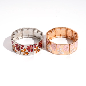 Bracelets extensibles floraux géométriques en argent et or rose avec finition émaillée