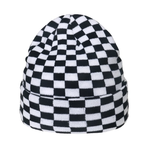 Winter black and white checkerboard knitted beanie hat with classic folded brim for women