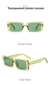 Detail view of retro square green sunglasses showing front and side frame profiles