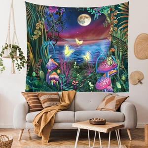Fantasy mushroom tapestry forest wall hanging with glowing butterflies and full moon scenery