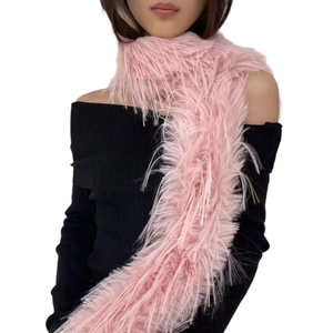 Furry pink feather scarf for women with soft plush texture shown on a model