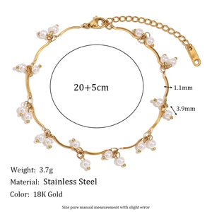 Detail of 18K gold plated stainless steel anklet with pearls and wave link texture