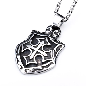 Gothic shield pendant necklace with cross and skull detail on steel pearl chain