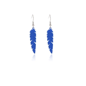 Detail of blue metal feather earrings with silver hooks and reflective base