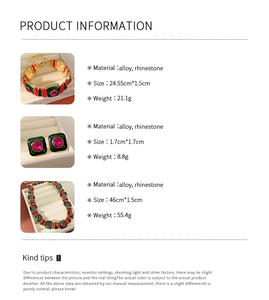 Detailed product size chart for vintage rhinestone square necklace and earring set