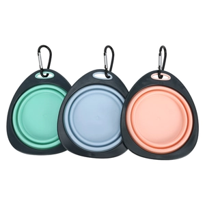 Portable folding silicone pet bowls in mint green, light blue and pink with metal carabiners
