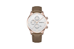 Detail of white dial quartz watch with roman numerals and brown leather strap