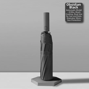 Detail of 8-rib obsidian black automatic umbrella with 98cm diameter and UV coating