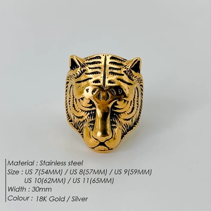 Bold gold tiger head statement ring made of durable stainless steel for men's fashion