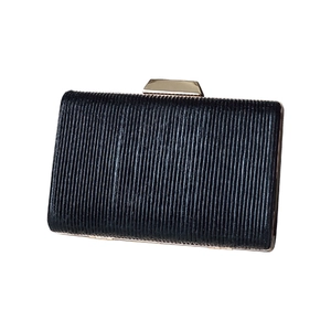 Elegant black pleated evening clutch bag with rectangular gold metal clasp for formal events