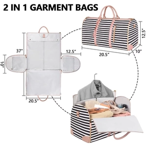 Detail view of 2-in-1 striped garment bag showing folded duffel and open hanging states