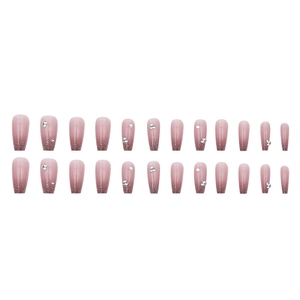 Long coffin false nails with nude pink gradient, silver glitter, and rhinestone accents
