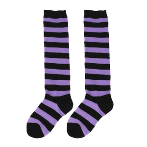 Detailed view of purple and black striped over-the-knee socks with knitted texture