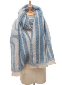 Close-up of blue and white geometric jacquard knit scarf on a wooden mannequin