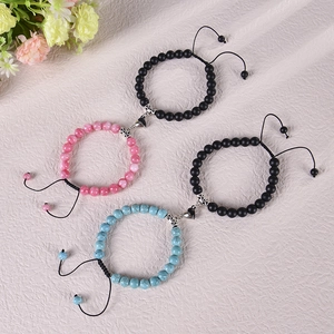 Bracelet de Couple Magnétique en Pierre Naturelle Attraction de Coeur Perle Ronde Réglable Corde Tressée Bijoux Saint-Valentin