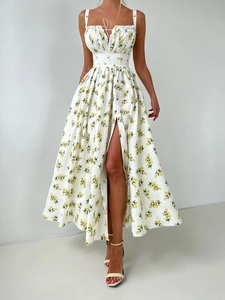 Women Summer Floral Cami Dress Smocked Bust High Slit Polyester Fruit Print French Vintage Vacation Long Sundress