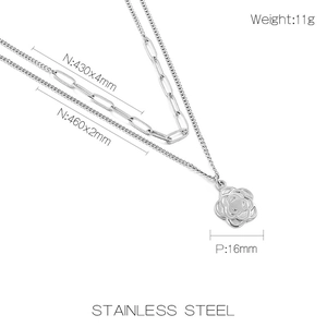 Detail of silver double-layer stainless steel necklace with dimensions and flower pendant