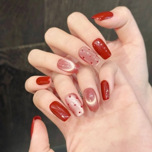 Red Cat Eye Press On Nails Short Square Polka Dot Gradient Fake Nails For Women Sweet Manicure