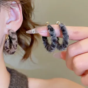 Round Hoop Earrings With Leopard Print Faux Fur And Silver Earring Post Vintage Geometric For Women