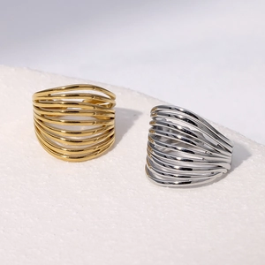 Bague ouverte évidée en couches spirales en acier inoxydable doré et argenté