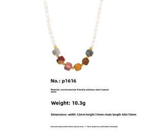Detail of beaded necklace with freshwater pearls and colorful faceted natural stones