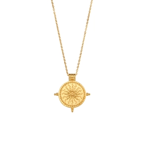 Collier avec pendentif boussole solaire en acier inoxydable plaqué or 18 carats