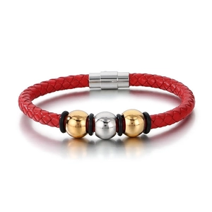 Men's woven red leather bracelet with silver magnetic clasp and gold metal beads