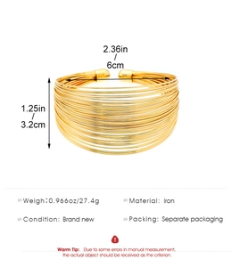 Detailed size specifications for gold plated multi-layer coil cuff bracelet in punk style