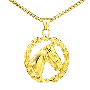 Vintage stainless steel necklace featuring a gold horse head pendant in a round wreath