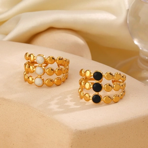 French vintage 18K gold plated 3-layer stainless steel ring with enamel inlays