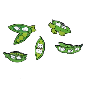 Set of five creative green pea pod and white cat enamel pins for backpacks and clothes