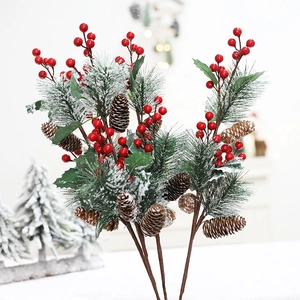 Artificial Christmas cedar branches with red berries and pinecones for table decoration