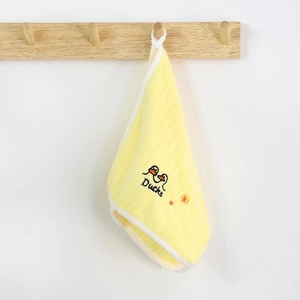 Hanging yellow coral fleece towel with cute duck embroidery for kindergarten children